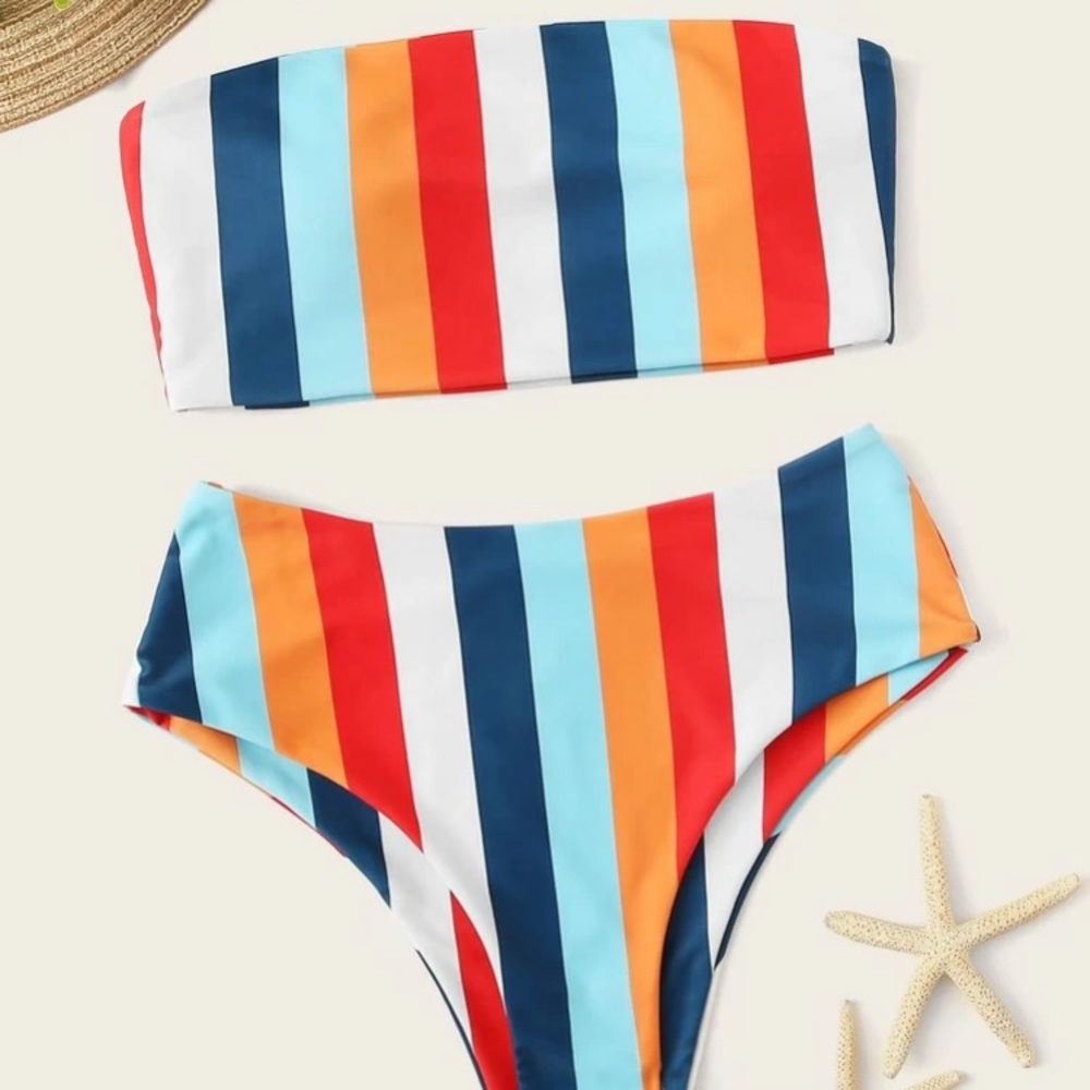 High waist bandeau top swimming suit stripes L